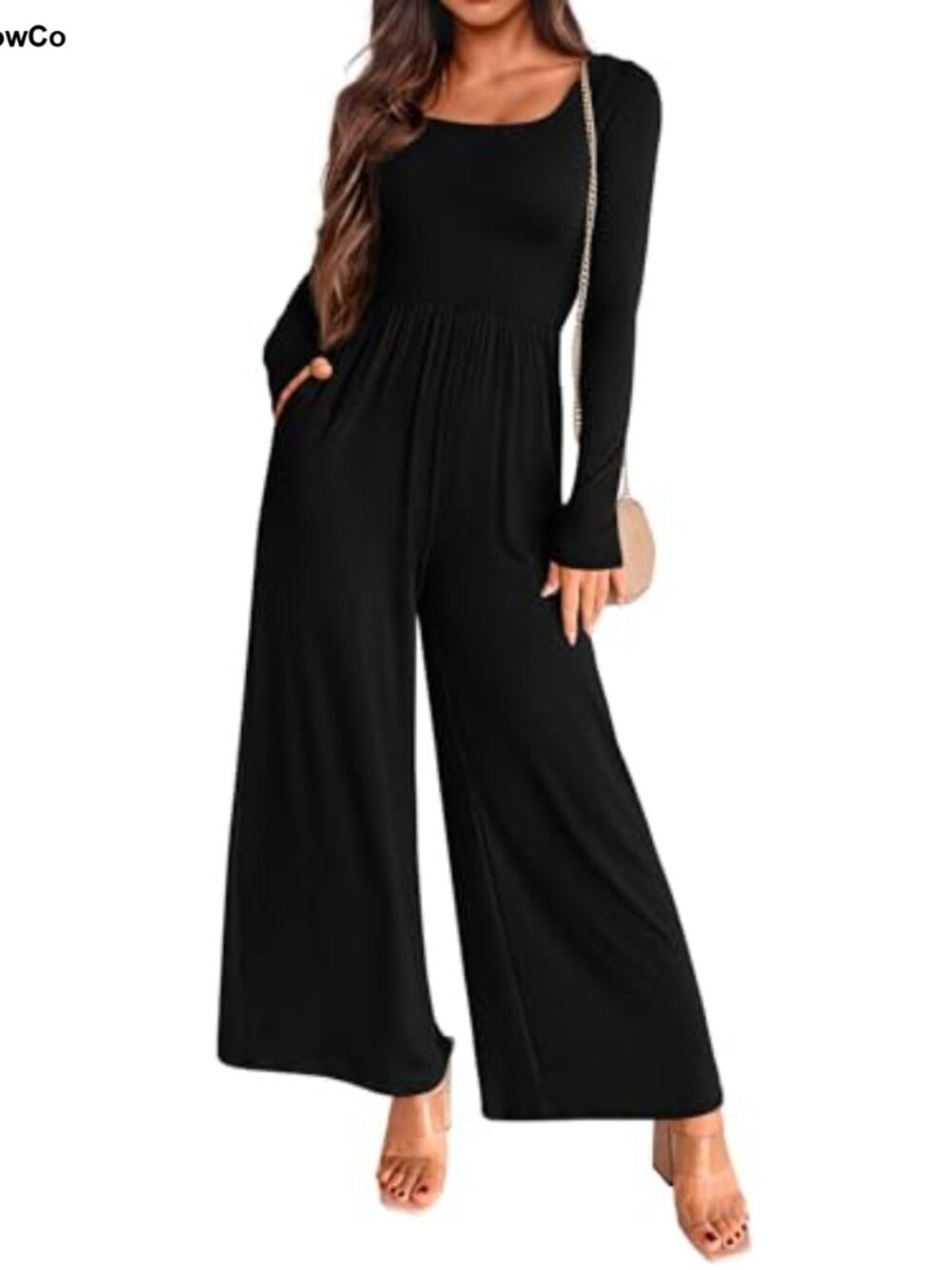 Long Sleeve Wide Leg Jumpsuit Square Neck Pockets One Piece Outfit